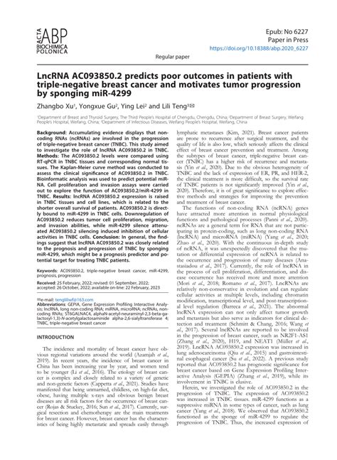 Pdf Lncrna Ac Predicts Poor Outcomes In Patients With Triple