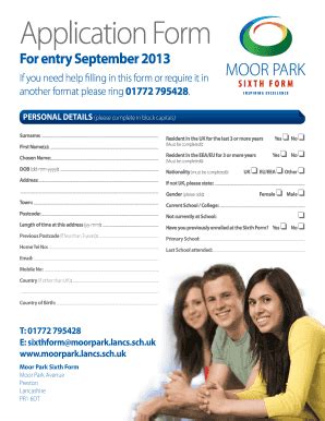 Fillable Online Moorpark Lancs Sch Moor Park Application Form Layout 1