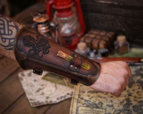 Steampunk Octopus Leather Bracer Engraved Vambrace With Buckles For