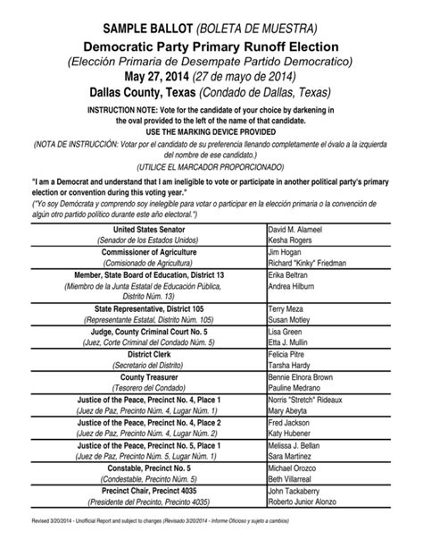 Sample Ballot Boleta De Muestra Democratic Party