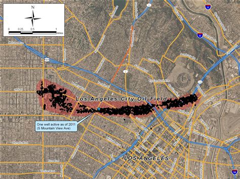 Map of the former oil wells of the Los Angeles City Oil Field overlaid on modern Los Angeles. In ...