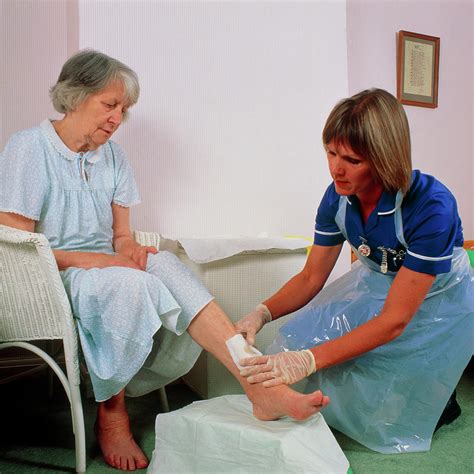 District Nurse Bandages Leg Ulcer On Old Woman By Chris Priest Science Photo Library