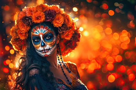 Premium Ai Image Beautiful Woman Wearing Santa Muerte Costume On Day Of The Dead Holiday