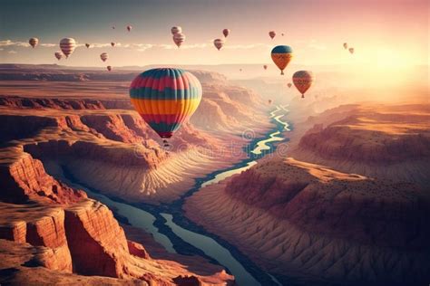 Many Colorful Hot Air Balloons Flying Over Grand Canyon Generative AI Stock Illustration