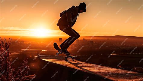 Premium AI Image | A skateboarder is about to do a trick on a ledge at sunset.