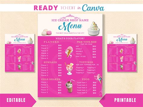 Editable Ice Cream Menu, Price List, Ice Cream Price List, Ice Cream