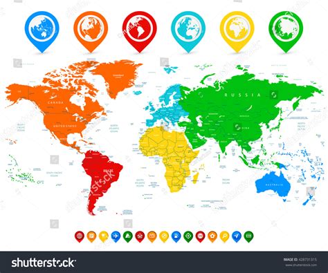 Detailed Vector World Map Colorful Continents Stock Vector (Royalty ...