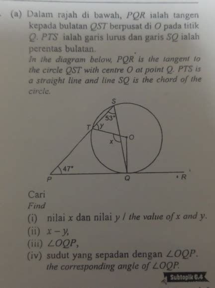 Solved A Dalam Rajah Di Bawah PQR Ialah Tangen Kepada Bulatan QST