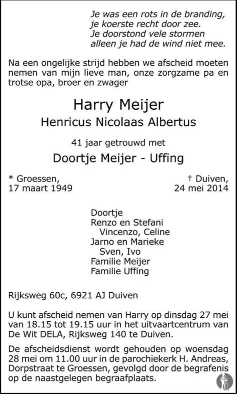 Henricus Nicolaas Albertus Harry Meijer Overlijdensbericht