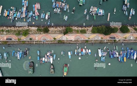 An Aerial View Of Fishing Boats Parked In A Harbor Stock Photo Alamy