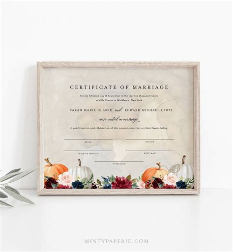 Certificate of Marriage Wedding Keepsake Editable Text Fall - Etsy