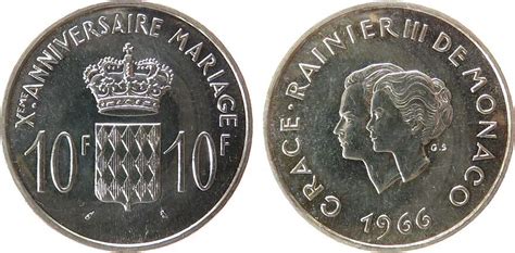 Monaco 10 Francs 1966 Ag Rainer III 10 Hochzeitstag Minimal Berieben