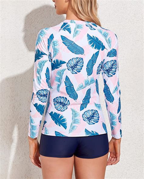 Snapklik Daci Women Pink And Blue Leaf Two Piece Rash Guard Long