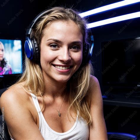 Hot Attractive Gamer Girl Live Streaming On Twitch Playing Modern Gamers Wearing Gamer Headset