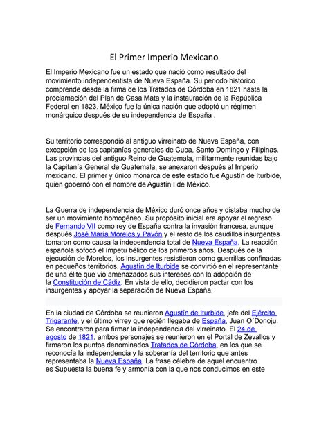 El Primer Imperio Mexicano Su Periodo Histórico Comprende Desde La