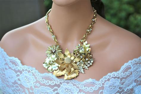 Vintage Enamel Flower Statement Necklace Assemblage Gold Etsy