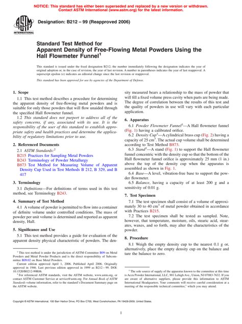 ASTM B212 99 2006 Standard Test Method For Apparent Density Of Free