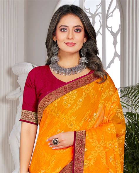 Vishal Prints Yellowish Orange Brasso Saree With Foil Print And Zari B