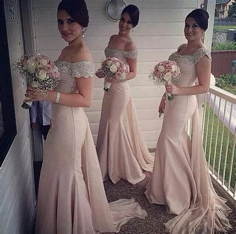 Champagne Off The Shoulder Mermaid Bridesmaid Dress With Beaded