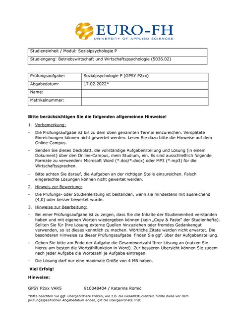 Prüfung GPSY P2xx Variante VAR5 Studieneinheit Modul