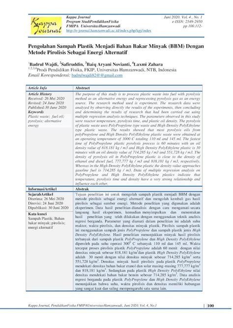 Pdf Pengolahan Sampah Plastik Menjadi Bahan Bakar Minyak Bbm