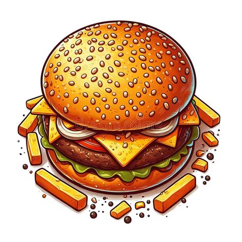 Cartoon Drawing of a Hamburger with a Side of French Fries Stock Photo ...