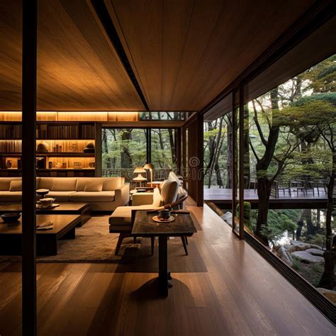 Traditional Japanese House With Garden Wooden Furniture And Pond In Old Japan Style Interior