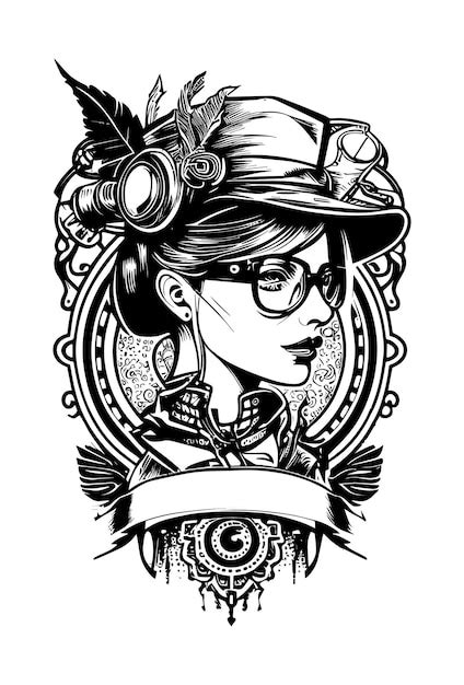 Steampunk hermosa chica con gafas y sombrero ilustración Vector Premium