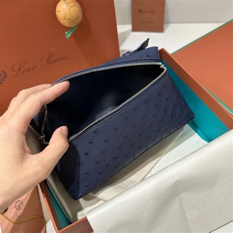 Replica Loro Piana Extra Pocket Pouch L19 In Blue Ostrich Embossed Leather