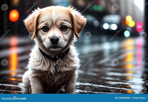 Cute Dog in the Rain in the City Center. Generative AI. Stock ...