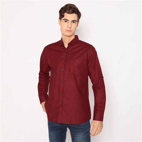 Jual Kemeja Pria Lengan Panjang Polos Basic Slimfit Hem Merah Maroon