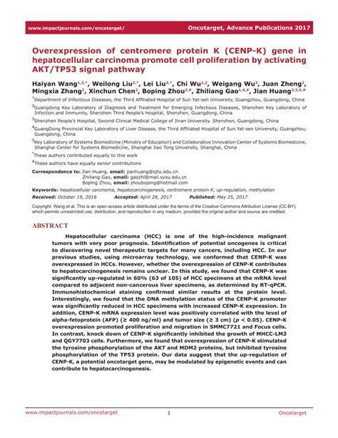 Pdf Overexpression Of Centromere Protein K Cenp K Gene In