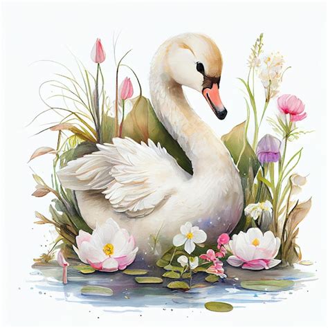 Premium Photo A Painting Of A Swan With Flowers And Water Lilies