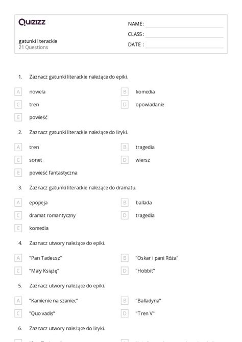 Ponad Rodzaje I Gatunki Literackie Arkuszy Roboczych Dla Klasa W