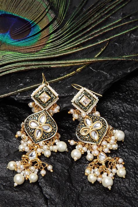 Buy White Kundan And Pearls Embellished Dangler Earrings By Dugran By