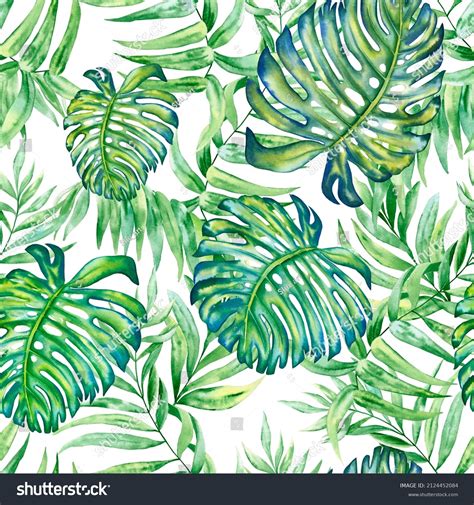 Tropical Leaves Seamless Watercolor Pattern Hand Drawn Illustration Of