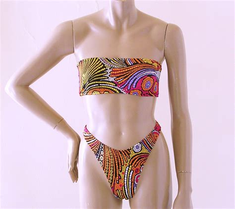 80s 90s High Leg Thong Bikini Bottom And Strapless Bandeau Top Etsy