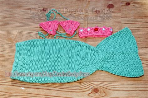 Crochet Mermaid Outfit Tail And Seashell Bikini Top With Crown Tiara Photo Prop For