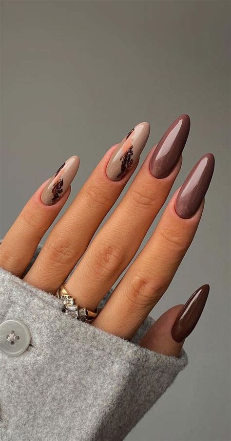 Gorgeous November Nail Ideas Chocolate Nude Nails With Gold Foil