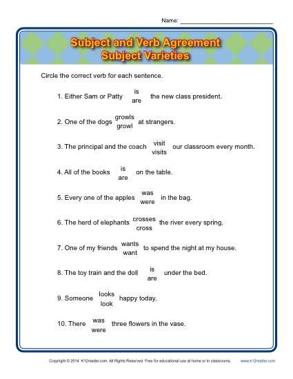 Subject Varieties Subject Verb Agreement Worksheets