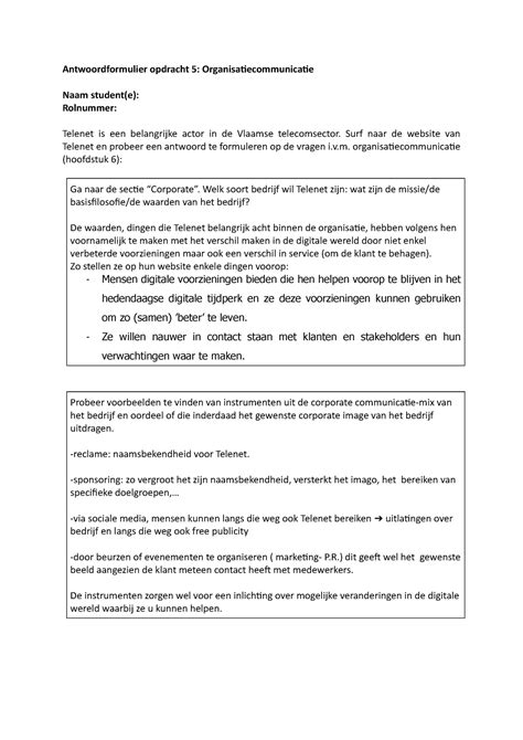 Antwoordformulier Opdracht 5 Organisatiecommunicatie