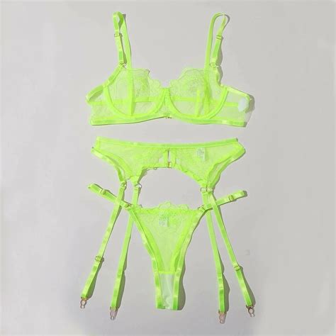 3 PCS Fantasy Lingerie Set Neon Green Sexy Transparent Etsy