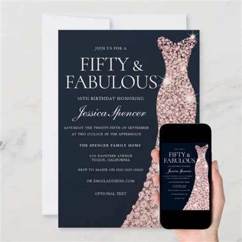 Navy And Rose Gold Sparkle Dress 50th Birthday Invitation Zazzle