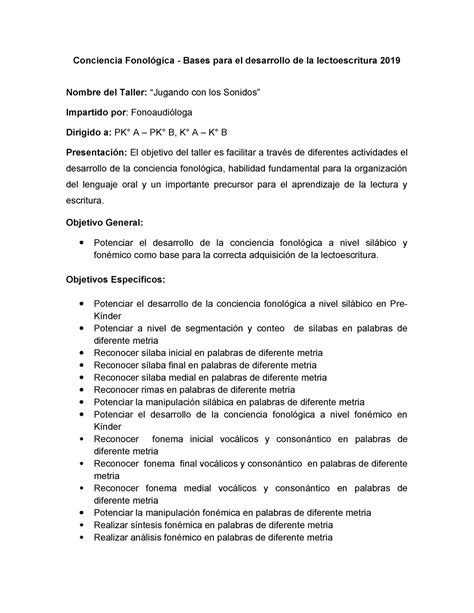 429786445 Taller Conciencia Fonologica Conciencia Fonológica Bases Para El Desarrollo De La