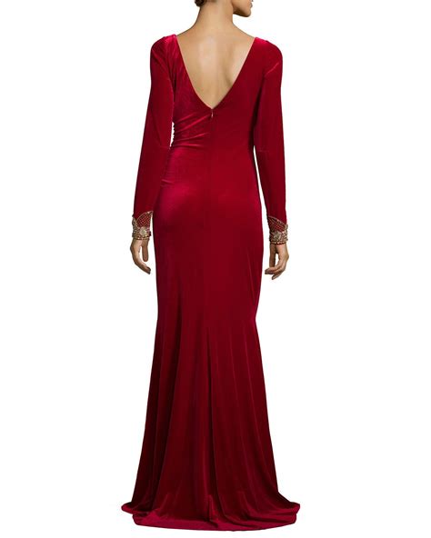 Badgley Mischka Long Sleeve Ruched Velvet Gown Velvet Dress Long Long Sleeve Ball Gowns Red