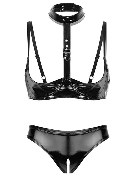 Buy Yizyif Womens 2 Piece Lingerie Set Stretch Vinyl Shelf Bra Quarter Cup Bra Tops With Panties