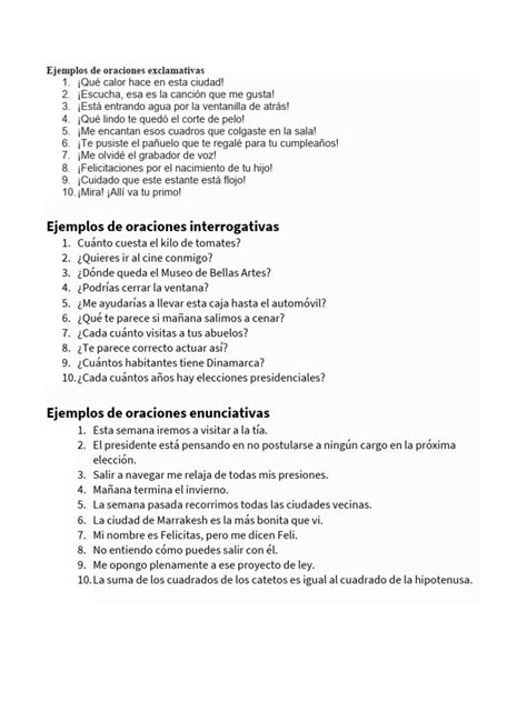 5 Ejemplos De Oraciones Enunciativas Imperativas Exclamativas Interrogativas Pdf