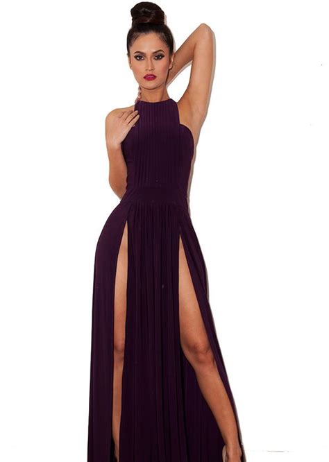 House Of Cb Savina Plum Double Thigh Split Maxi Dress Limited