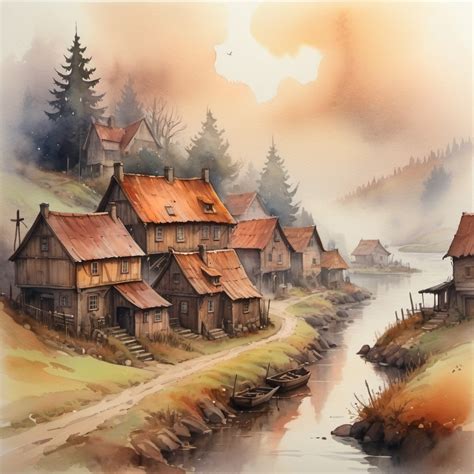 Watercolor Small Village Foggy Rustic Dramatic F