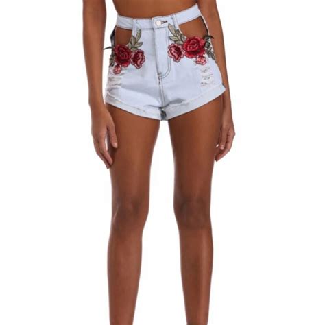 Xxs Xl Fashion Embroidery Rose Denim Shorts Hollow Out Shorts Women